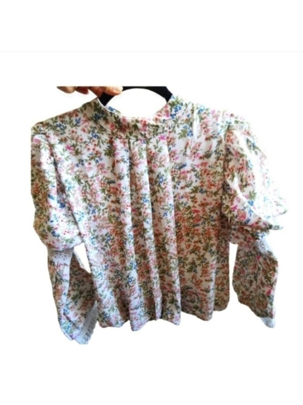 Peasant Floral Top Long Sleeves High Neck Bell Lace